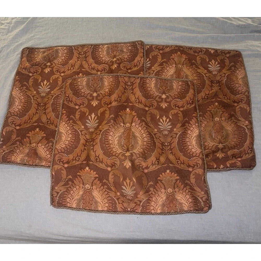 ANICHINI Brocade Textured Pillow Covers 25X25 Burnt Orange Spice Set of 3 Fall